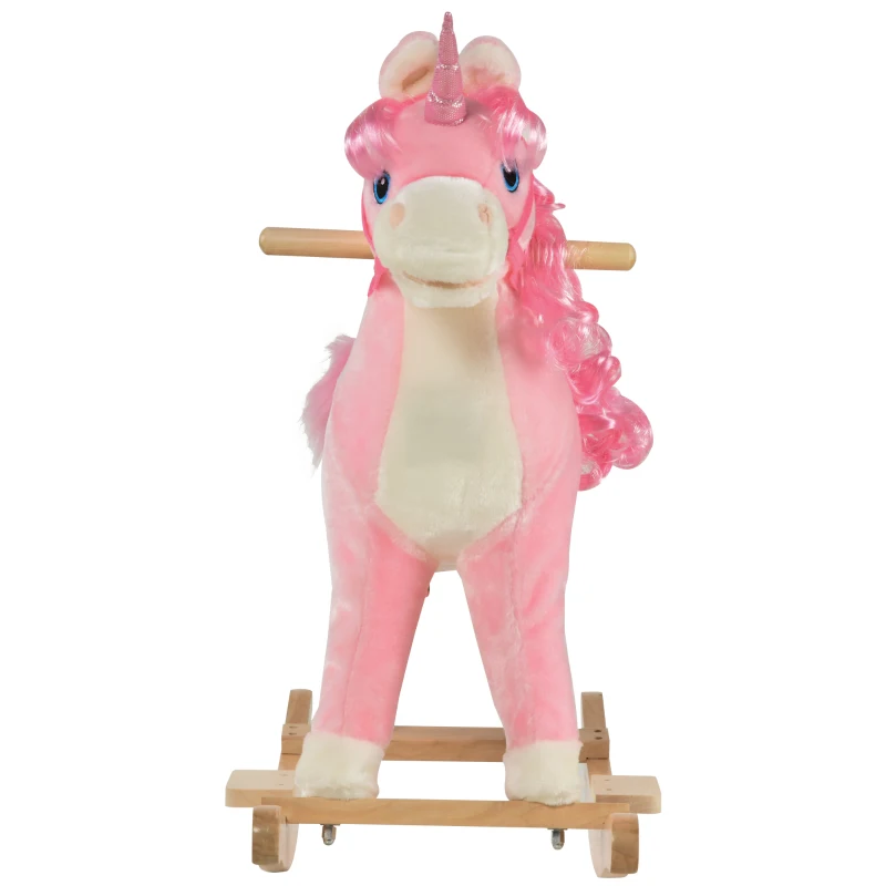 Qaba Kids Rocking Horse, Ride on Unicorn with Wooden Base, Tail Wag & Sounds for Toddlers 3-6 Years Old, Pink