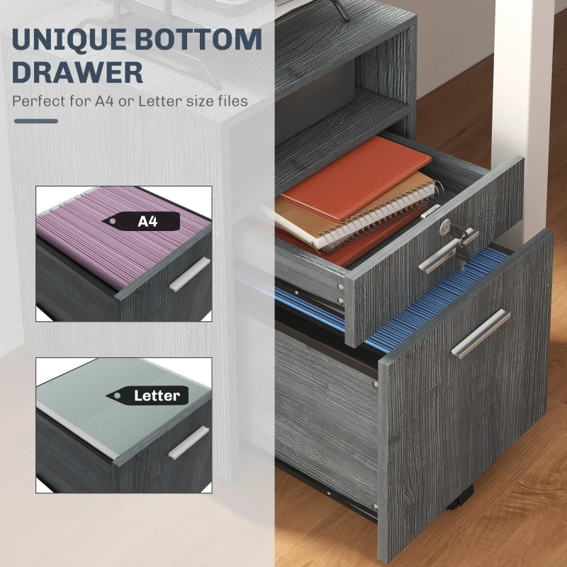 Vinsetto Small Filing Cabinet with 2 Drawers, Lockable Home Office Storage Cabinets on Wheels for A4, Letter Size, Grey