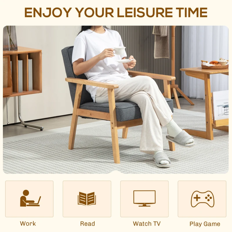 HOMCOM Modern Accent Chair with Button Tufted Back, Line-feel Fabric Armchair with Solid Wood Frame for Bedroom, Grey