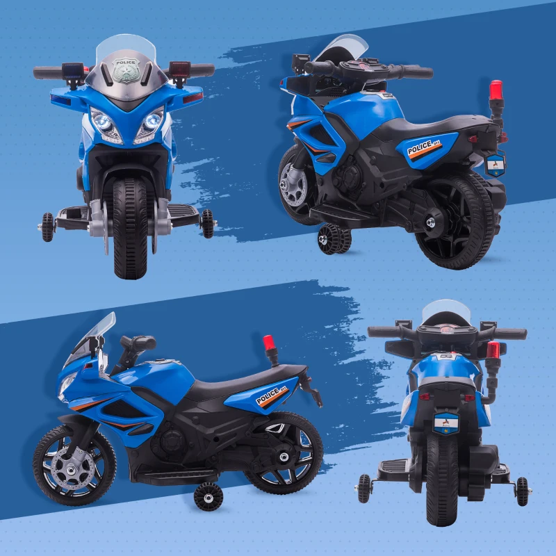Aosom 6V Kids Motorcycle Police Electric Ride-On Dirt Bike Off-road Street Bike Battery Powered Rechargeable Horn Headlights Training Wheels Realistic Sounds for Girls and Boys 18 - 36 months Blue