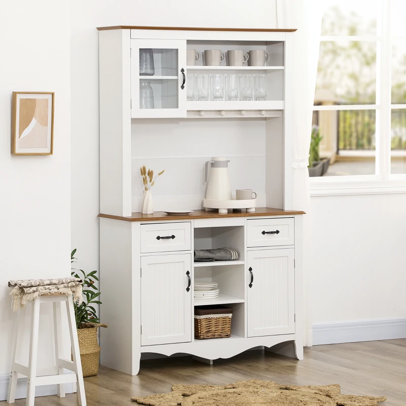 HOMCOM Farmhouse 71" Kitchen Buffet with Hutch, Storage Cabinet with Drawers and Shelves, White