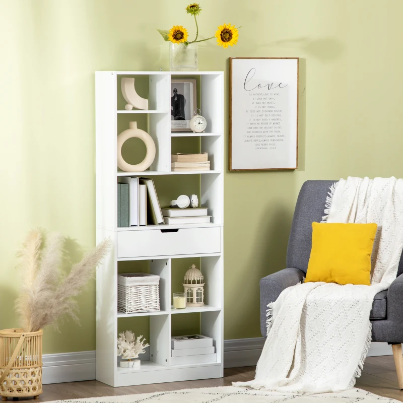 HOMCOM Tall Bookshelf with Drawer, Freestanding Bookcase for Bedroom, Living Room, Home Office, White