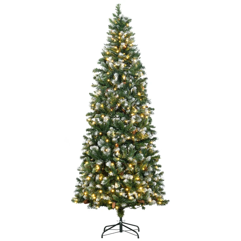 HOMCOM 7.5' Decorated Christmas Trees, Skinny Prelit Artificial Christmas Tree with Snow-dipped Branches, Auto Open, Pinecones