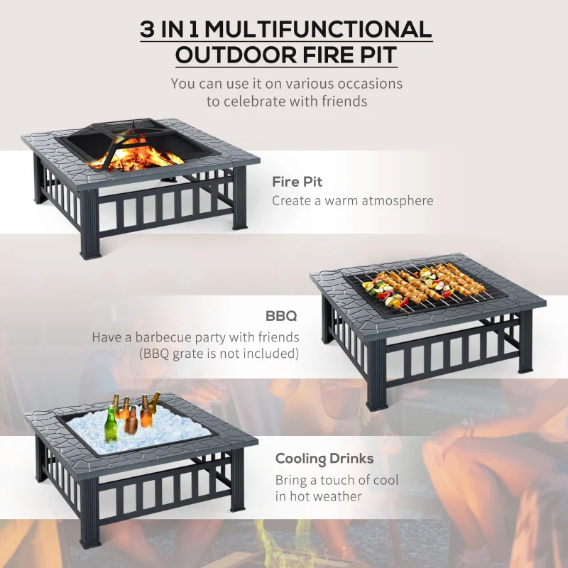 Outsunny 34" Outdoor Fire Pit Square Steel Wood Burning Firepit Bowl with Spark Screen, Waterproof Cover, Log Grate, Poker for Backyard, Camping, BBQ, Bonfire