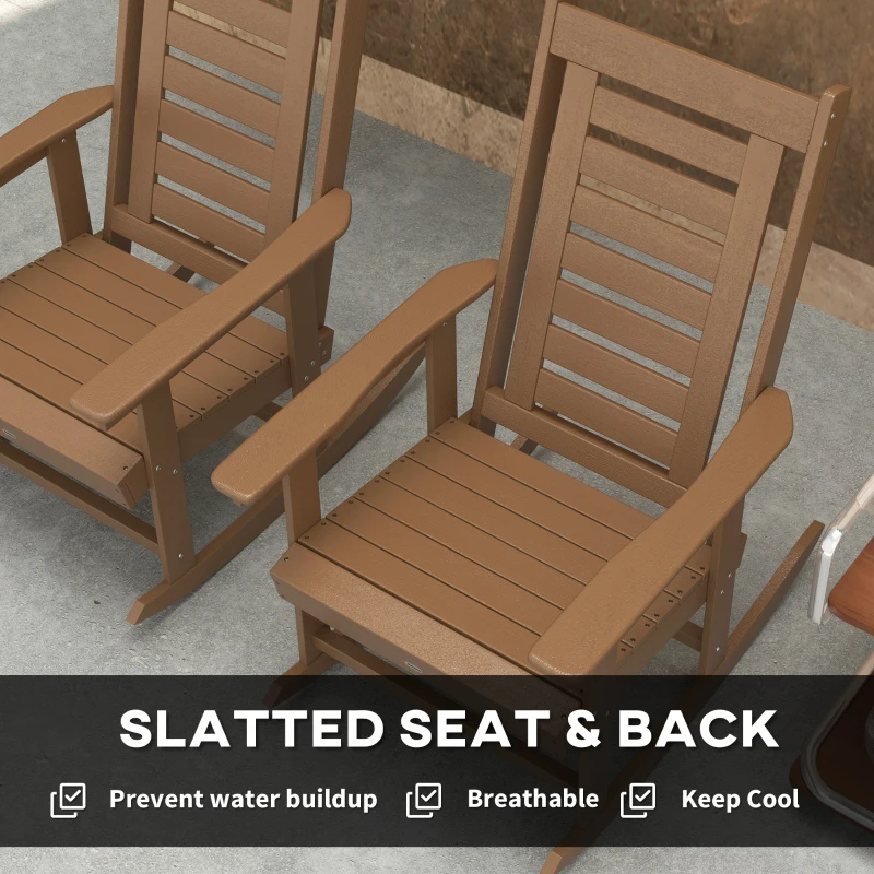 Outsunny 2 Pieces Outdoor Rocking Chairs, HDPE Patio Rockers with 28" High Back, Wide Armrests for Porch Backyard, Brown