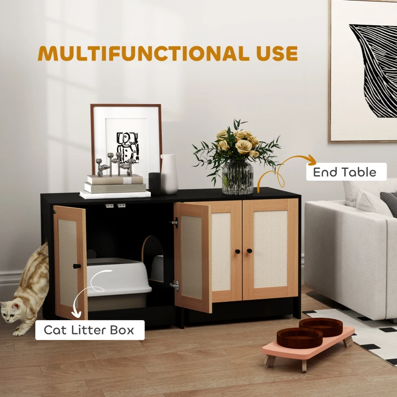PawHut Cat Litter Box Enclosure w/ 2 Cabinets, Scratching Mats & Trays for 2 Cats or Kittens, Black