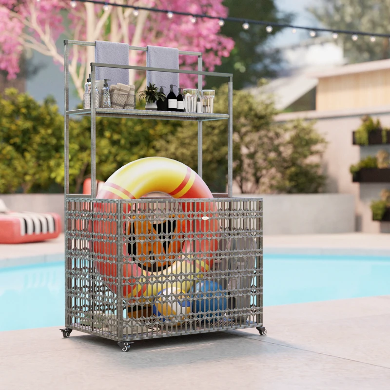 Outsunny Wicker Pool Float Storage Organizer, PE Rattan Pool Float Holder with Basket Shelf Towel Bars, Rolling Pool Caddy for Floaties, Noodles, Life Vests, Beach Balls, Mixed-Gray