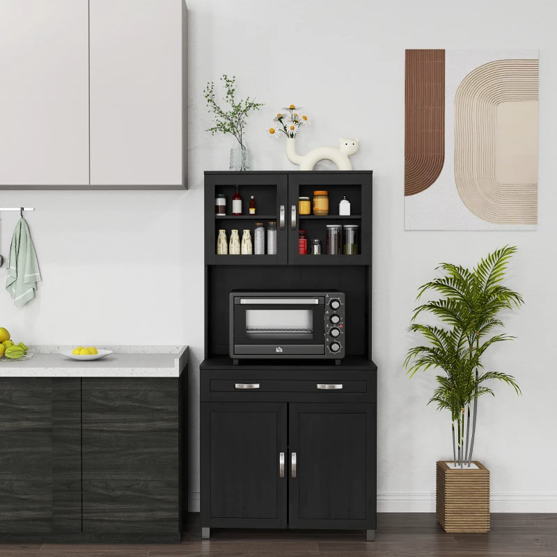 HOMCOM 67" Buffet with Hutch, Modern Kitchen Pantry, Freestanding Cabinet with Glass Doors, Shelves and Drawers, Black