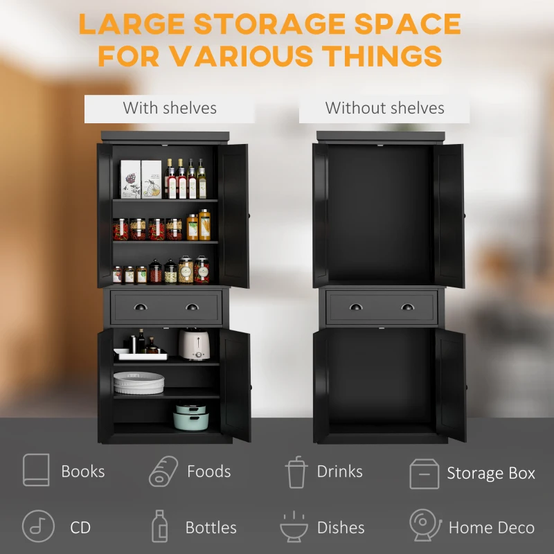 HOMCOM 72.5" Kitchen Pantry Cabinet, Traditional Freestanding Storage Cabinet with 4 Doors, Drawer and 3 Adjustable Shelves for Dining Room, Black