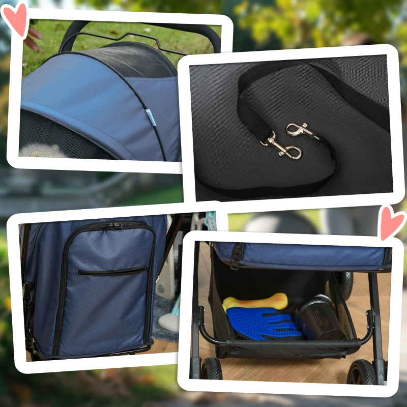 PawHut 4 Wheels Pet Stroller with Reversible Handle, Foldable Cat Dog Travel Carriage with EVA Wheel Brake, 3-stage Canopy, Mesh Window Door, Dark Blue