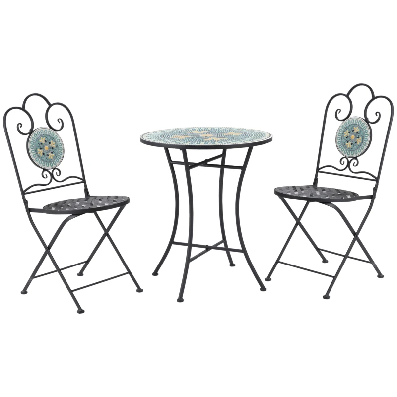 Outsunny 3-Piece Patio Bistro Set with Folding Chairs, Outdoor Coffee Set with Mosaic Top for Backyard, Balcony, Poolside, Green
