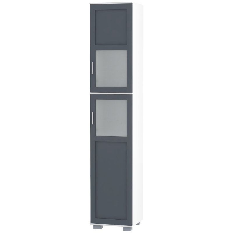 kleankin 75" Tall Bathroom Storage Cabinet, Narrow Bathroom Cabinets with Matte Glass Doors and 5-tier Shelving, White & Grey