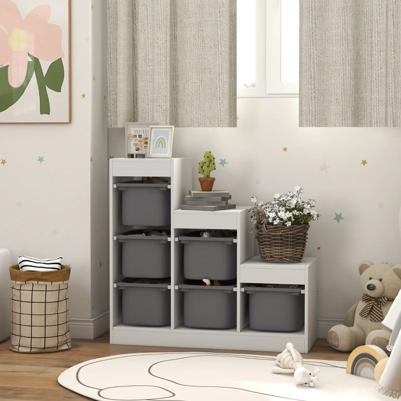 Qaba 3 Layers Kids Toy Storage Organizer with 6 Storage Bins, Kids Bookshelf for Ages 3-8 Years, Play Room, Bedroom, Gray