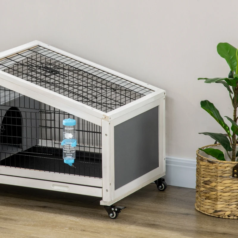 PawHut 35" Wooden Rabbit Hutch with No-leak Tray, Pet Playpen with Wheels, Water Bottle, Bunny House for Rabbits and Small Animals, Dark Gray