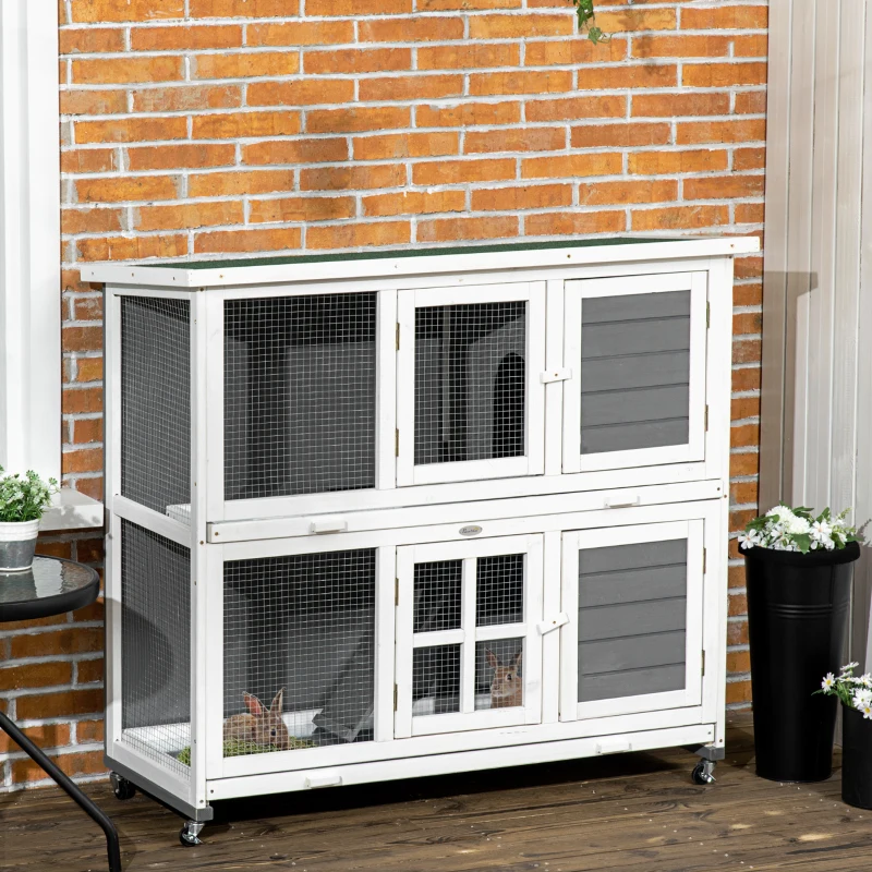 PawHut 2 Tier Wooden Rabbit Hutch with Wheels, Waterproof Roof, Removable Tray for Outdoor & Indoor, Dark Grey