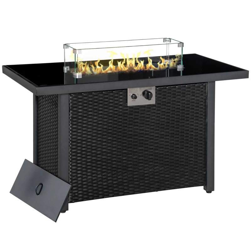 Outsunny Propane Fire Pit Table 43in Outdoor Fire Table, 50,000 BTU Pulse-Ignition Wicker Firepit Furniture with Glass Wind Guard, Blue Glass Rock, CSA Certification, Black