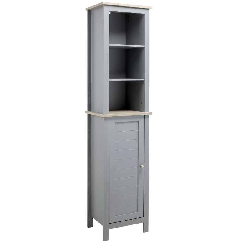 kleankin Bathroom Floor Storage Cabinet with 3 Tier Shelf and Cupboard with Door, Free Standing Linen Tower, Tall Slim Side Organizer Shelves, Grey