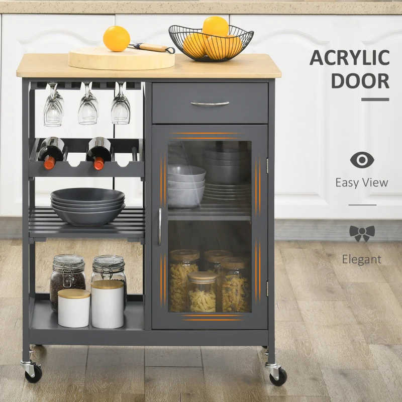HOMCOM Rolling Kitchen Island with Storage, Kitchen Cart with 4-bottle Wine Rack, Bar Cart with Stemware Holder, Shelves, Drawer and Cabinet, Gray