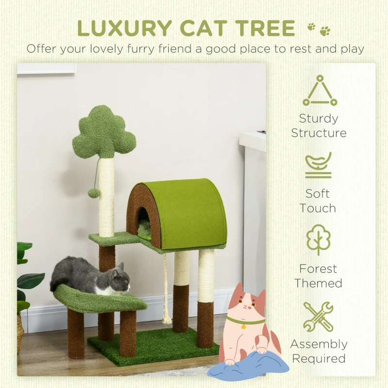 PawHut 42" Cat Tree with Scratching Posts, Cat Tower for Indoor Cats with Bed, House, Toy, Forest Themed, Green