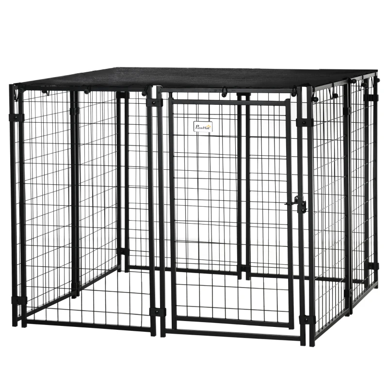 PawHut Outdoor Dog Kennel, Lockable Pet Playpen Crate with Top Cover, Black