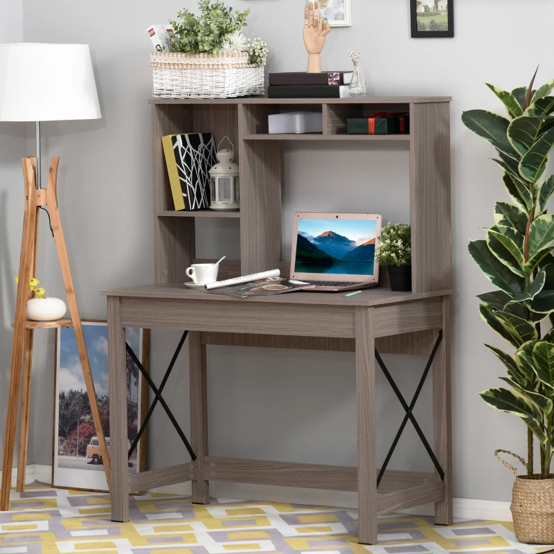 HOMCOM Computer Desk with Hutch, Home Office Table with Storage Shelves and Open Compartments for Writing, Work, Brown