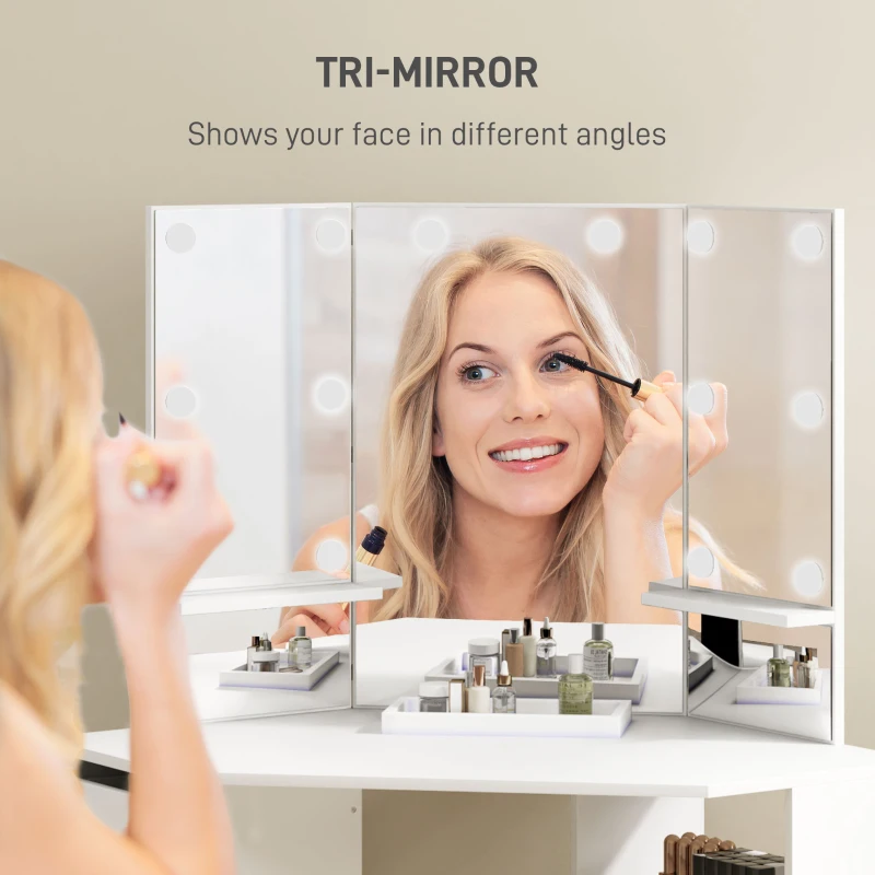 HOMCOM Makeup Vanity Table with 3-Panel Mirror and 10 LED Lights, Dressing Table with 5 Drawers and Shelves for Bedroom, White