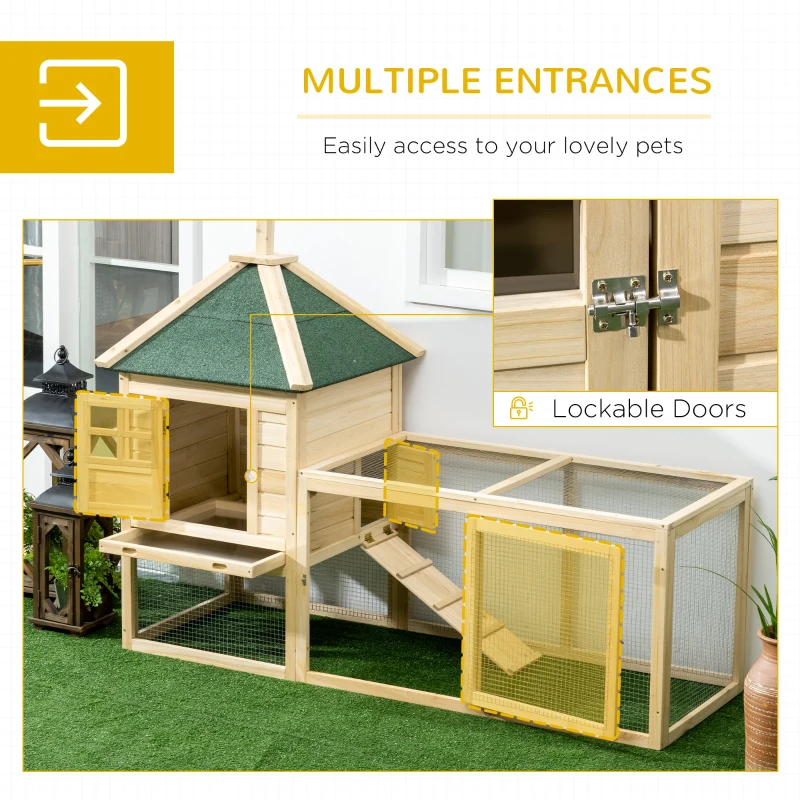 PawHut 68" Wooden Rabbit Hutch, Pet Playpen with 3 Doors, Bunny House Enclosure with Slide-out Tray, Ramp, for Rabbits and Small Animals, Natural