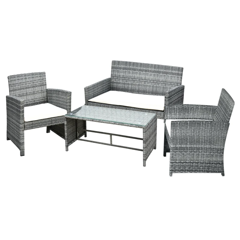 Outsunny 4pcs Outdoor Patio Furniture Set, 2 Plastic Rattan Chairs, 1 PE Wicker Loveseat Sofa, 1 Center Coffee Table with Tempered Glass Table-Top, Soft Cushions for Backyard, Garden, Grey
