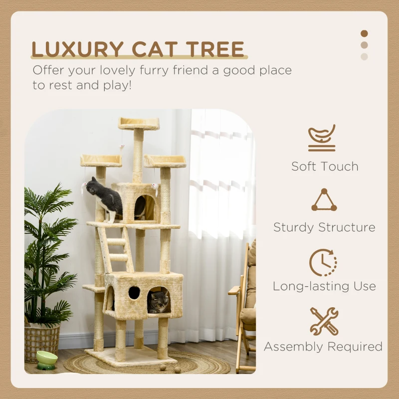 PawHut 71-Inch Multi Level Scratching Cat Tree Kitty Condo  Activity Center with Toys, Beige