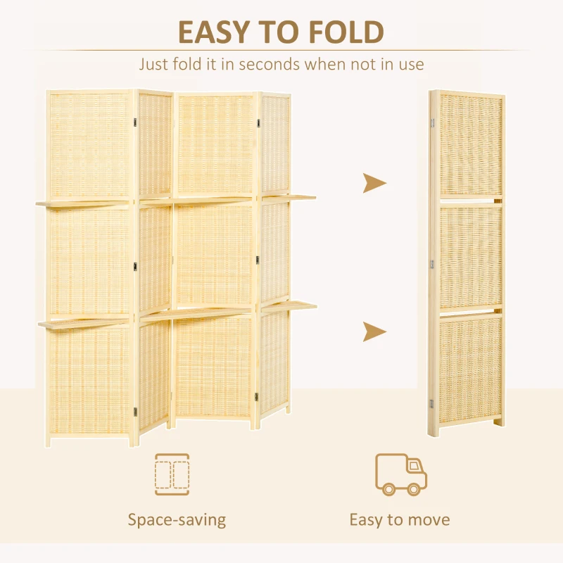 HOMCOM 4-Panel Folding Room Divider, 6 Ft Freestanding Bamboo Privacy Screen Panel with Storage Shelves for Bedroom or Office, Natural Wood Color