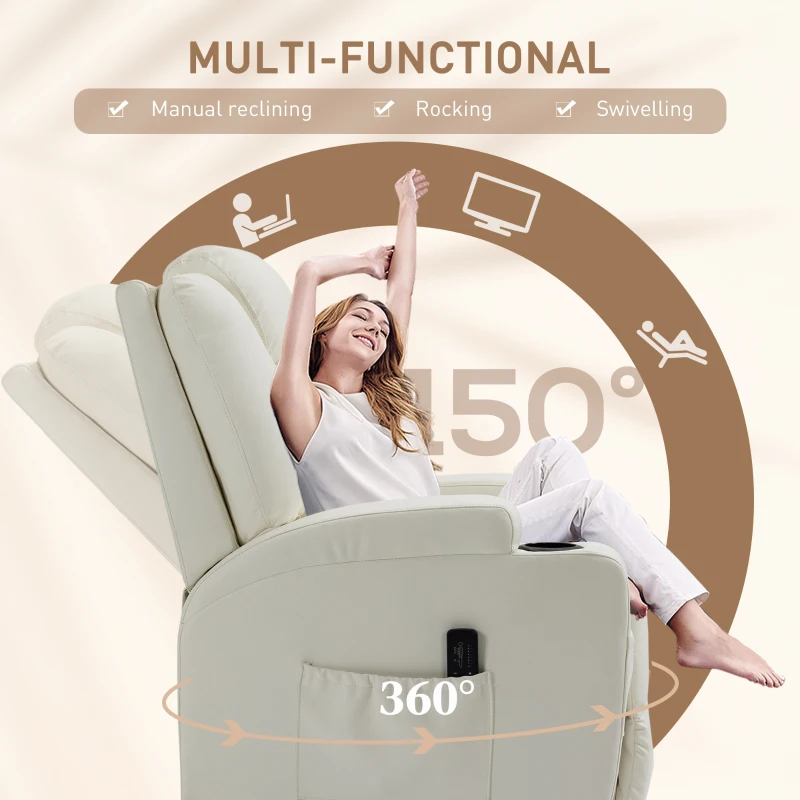 HOMCOM Massage Recliner Chair, Swivel Nursery Rocker Chair, Manual Reclining Sofa with 8 Vibration Points, PU Leather, Cup Holders, Side Pockets, for Living Room, Cream White