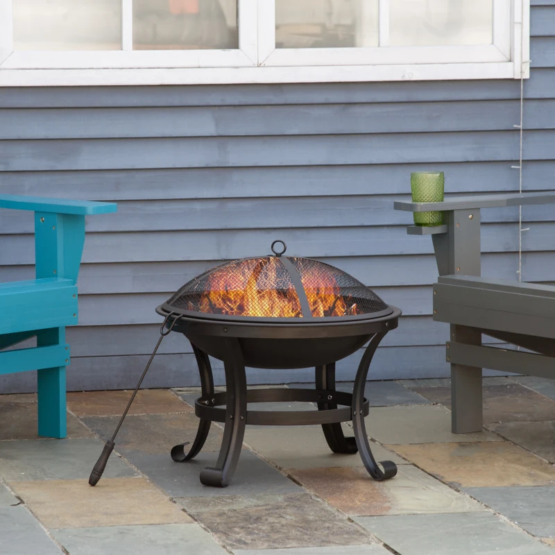 Outsunny Outdoor Fire Pit, Firepit with Mesh Lid, Poker, for Camping, Bonfire, Picnic, Black