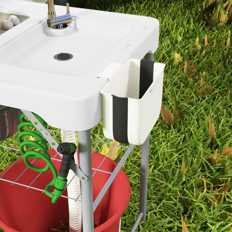 Outsunny Folding Fish Cleaning Table with Sinks, Portable Camping Sink Table with Faucet, Drainage Hose, Sprayer, Shelf, Drawer and Storage Basket, Outdoor Fillet Table for Picnic Beach Patio, White