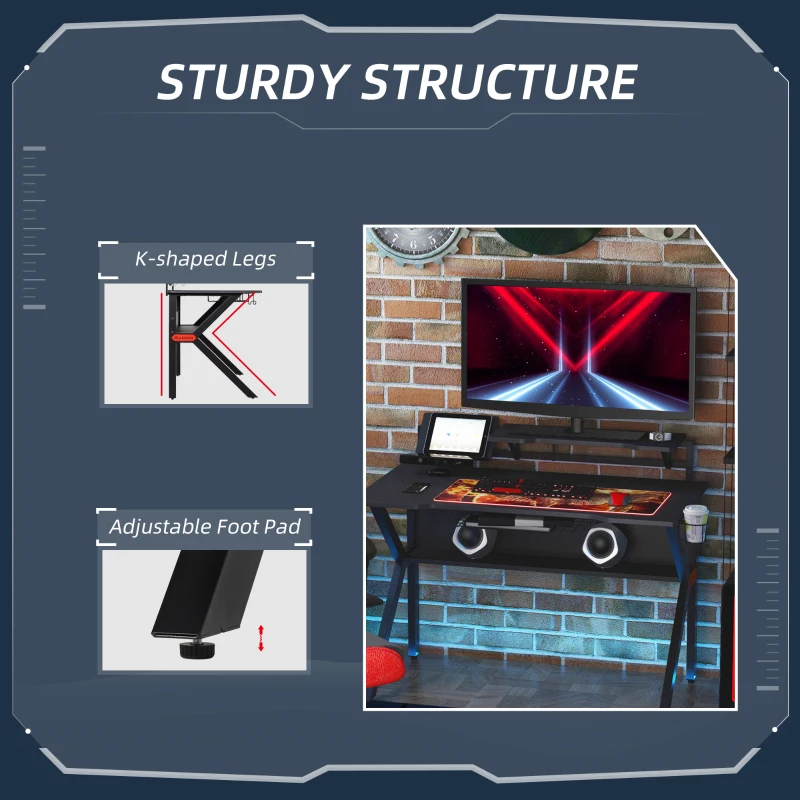 HOMCOM 47 inch Gaming Desk, Computer Table Workstation with Cup Holder, Headphone Hook and Surge Protector Basket for Home Office, Black & Red