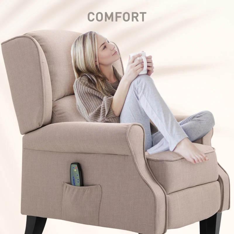 HOMCOM Vibration Massage Recliner Chair for Living Room with Heat,  Wingback Single Sofa, Modern Linen Fabric Push Back Reclining Chair with Footrest, Side Pocket, Dark Beige