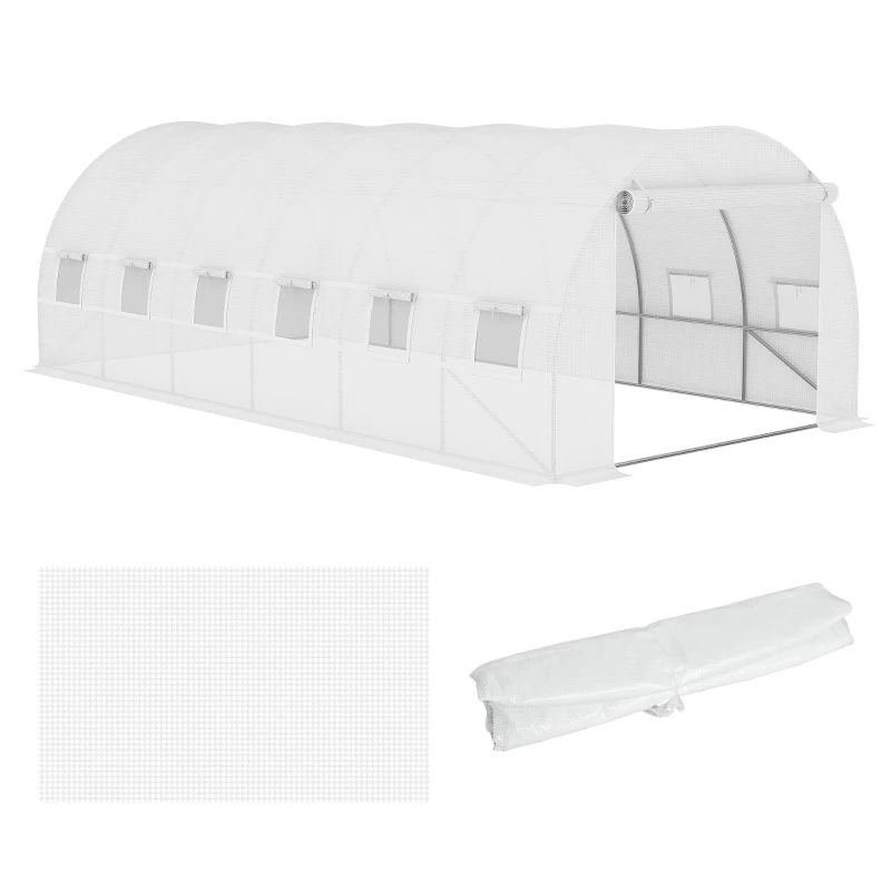 Outsunny 19.7' x 9.8' x 6.6' Plastic Greenhouse Cover Replacement, Heavy Duty Waterproof Tarp for Hoop House, Sheeting with 12 Windows, Door & Reinforcement Grid, White(m-11)
