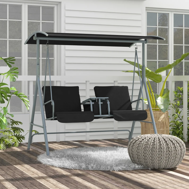 Outsunny 2-Seater Outdoor Porch Swing with Canopy and Table, Patio Swing Chair for Garden, Poolside, Backyard, Black