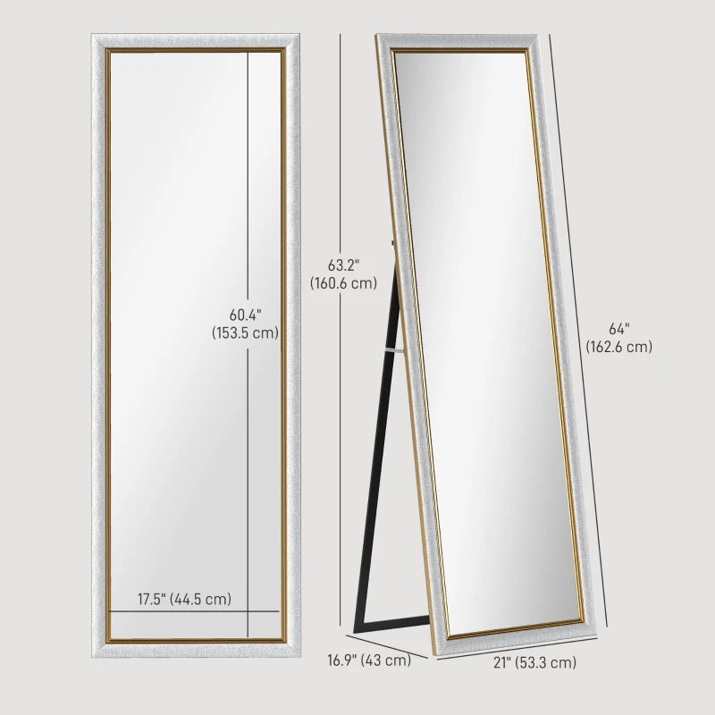 HOMCOM Floor Standing Mirror, Full Body Mirror, Free Standing, Leaning or Wall Mirror with Frame for Bedroom, Silver