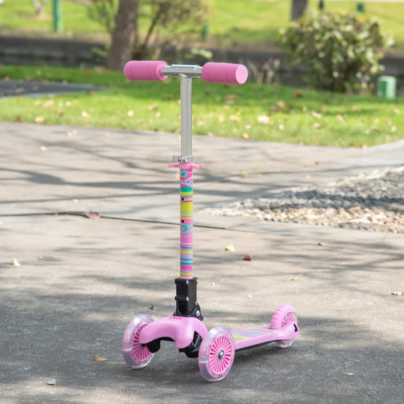 Aosom Kick Scooter for Kids, Foldable Children's Scooter with 3 Wheels, Adjustable Height, and Flashing LED for Boys and Girls, Pink