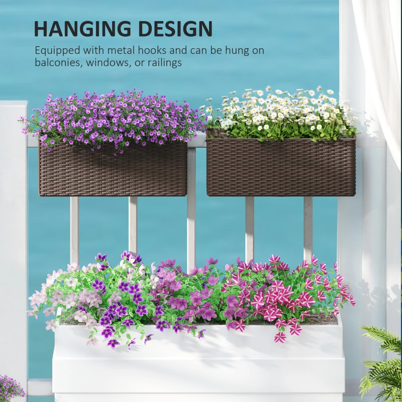 Outsunny 2 Pack 20 Inch Railing Flower Pots, Hanging Flower Pots with Hooks, Drainage Holes for Fence, Rattan Look, Brown
