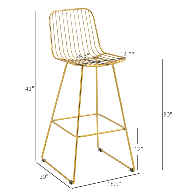 HOMCOM Modern Bar Stools, Metal Wire Bar Height Barstools, 30" Seat Height Bar Chairs for Kitchen with Back and Footrest, Set of 2, Gold