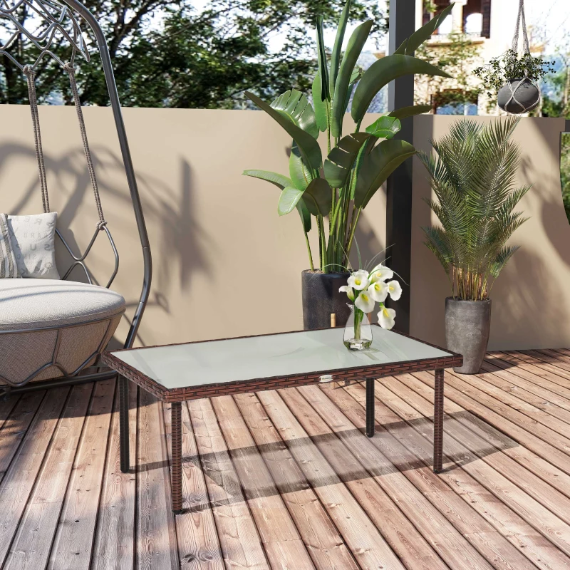 Outsunny Patio Wicker Dining Table, Outdoor Rattan Coffee Table with Glass Top for Garden, Patio, or Backyard, Brown