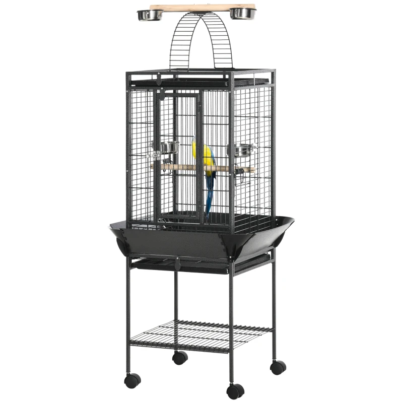 PawHut 61.5 Inch Bird Cage Parakeet House for Cockatiel with Stand, Pull Out Tray, Play Top, Storage Shelf, Wood Perch, Food Container
