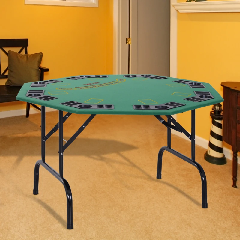 Soozier Poker Table Foldable, 47" Octagon Blackjack Poker Game Table for 8 Players with Cup Holders and Chips Tray, Green Felt