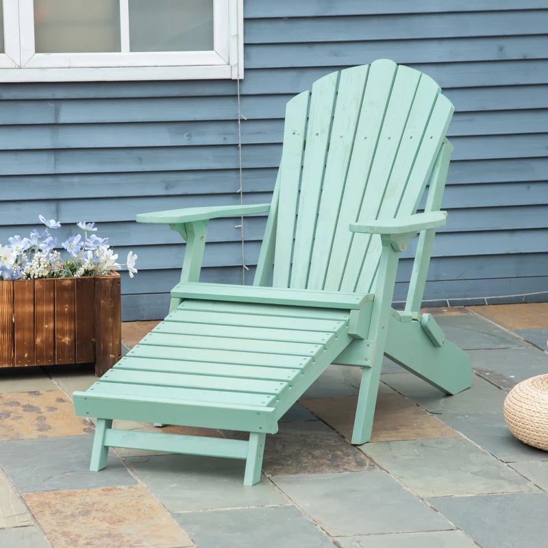 Outsunny Folding Adirondack Chair, Muskoka Chair with Pull-out Footrest, Outdoor Wooden Fire Pit Lounger for Patio, Porch, Poolside, Garden, Green