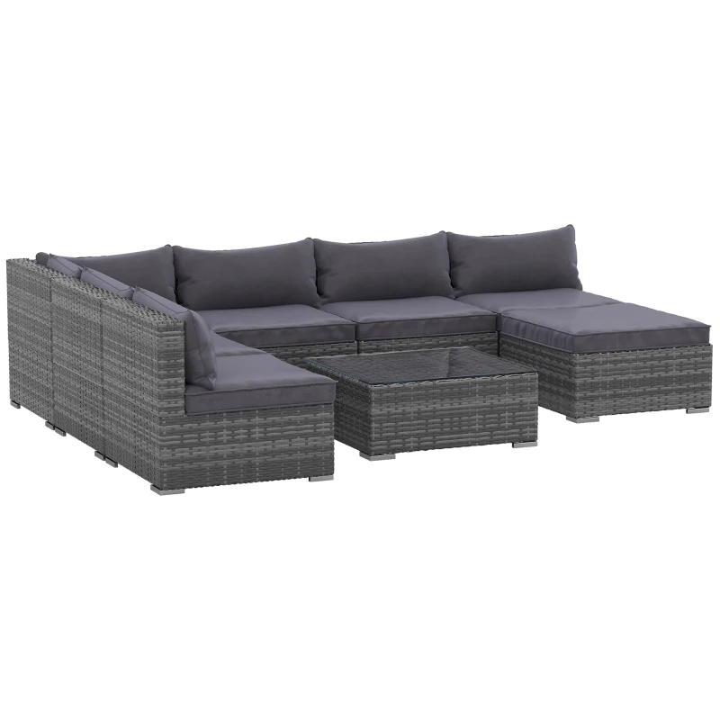 Outsunny Patio Furniture Set, 8 Pieces, Sectional Sofa, All Weather PE Rattan Conversation Set, Tempered Glass Table, 6 Seats, Ottoman Footstool, Cushions for Lawn, Backyard, Gray