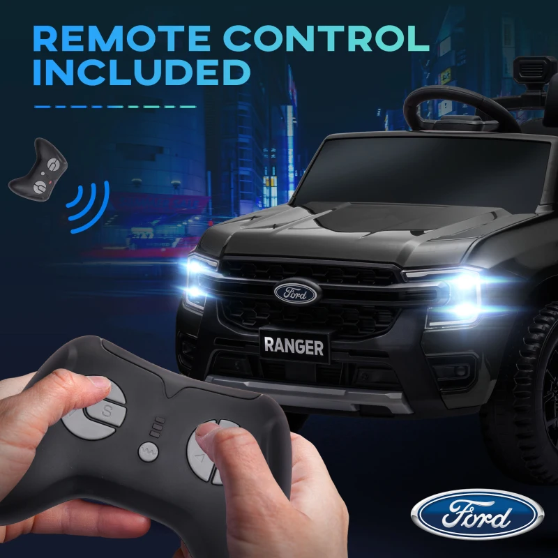 Qaba Ford Ranger Licensed Kids Ride on Car 12V Battery Power Car with Remote Control, Spring Suspension Toy Storage, Black