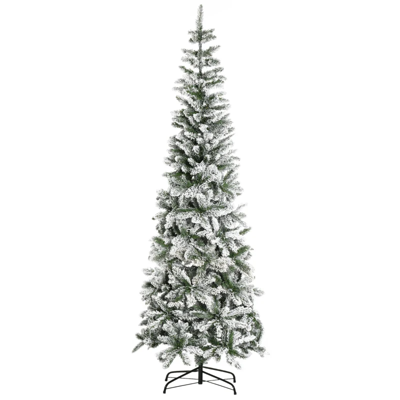 HOMCOM 7.5ft Unlit Snow-Flocked Slim Pine Artificial Christmas Tree with Realistic Branches and 668 Tips