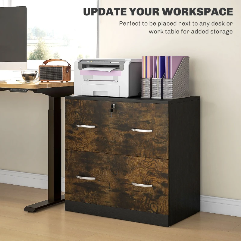 Vinsetto 2 Drawer File Cabinet with Lock, Office Filing Cabinet, Hanging Bar for Letter Size, Home Office, Rustic Brown