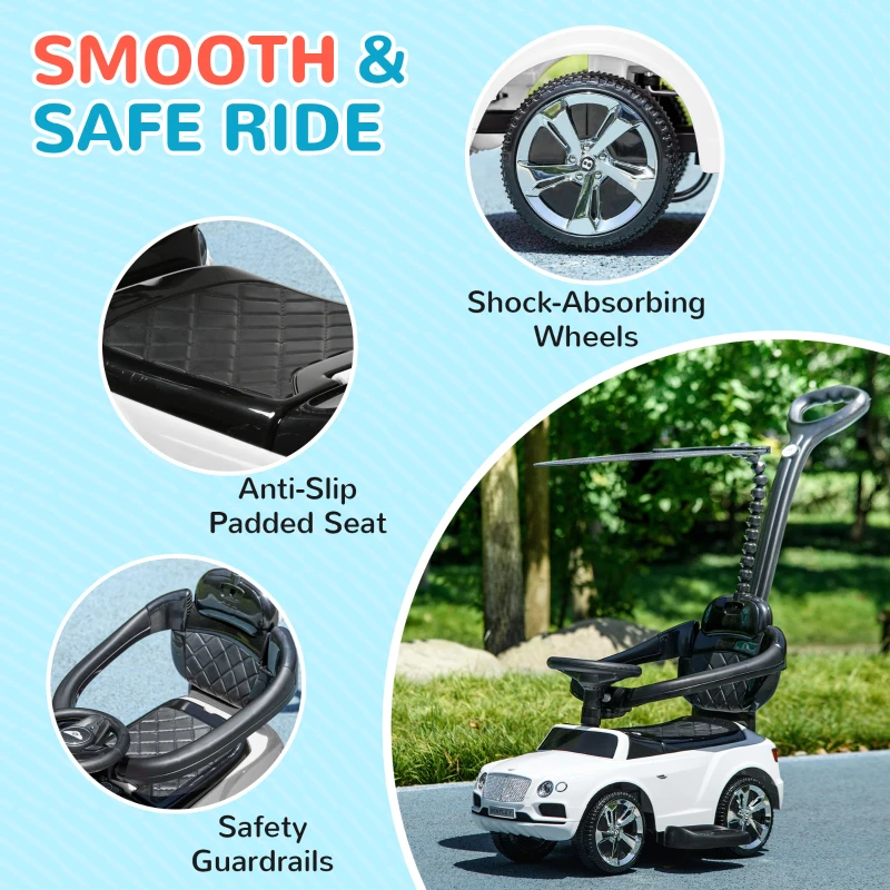 Qaba Bentley Bentayga Licensed Push Car, 3 in 1 Kids Ride on Car Foot to Floor w/ Music Horn, White